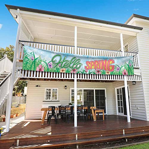 Probsin Hello Spring Banner Decorations Large Outdoor Happy Holiday Yard Sign Seasonal Party Supplies 120" x 20" Welcome Backdrop Nature Floral Flowers Home Decor Vivid Colors Vibrant Fabric Polyester with Brass Grommets for Outside Indoor Garden Fence Ga