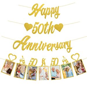pimvimcim gold glitter 50th anniversary banner decorations, happy 50th wedding anniversary banner and photo banner party supplies, 50 year anniversary party picture banner decor
