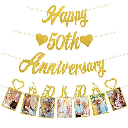 Pimvimcim Gold Glitter 50th Anniversary Banner Decorations, Happy 50th Wedding Anniversary Banner and Photo Banner Party Supplies, 50 Year Anniversary Party Picture Banner Decor