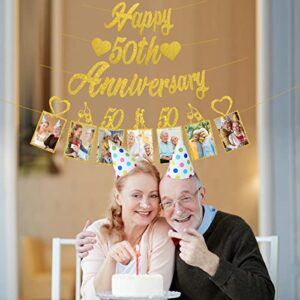 Pimvimcim Gold Glitter 50th Anniversary Banner Decorations, Happy 50th Wedding Anniversary Banner and Photo Banner Party Supplies, 50 Year Anniversary Party Picture Banner Decor