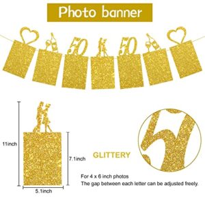 Pimvimcim Gold Glitter 50th Anniversary Banner Decorations, Happy 50th Wedding Anniversary Banner and Photo Banner Party Supplies, 50 Year Anniversary Party Picture Banner Decor