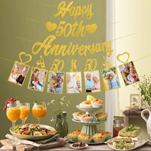 Pimvimcim Gold Glitter 50th Anniversary Banner Decorations, Happy 50th Wedding Anniversary Banner and Photo Banner Party Supplies, 50 Year Anniversary Party Picture Banner Decor