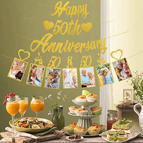 Pimvimcim Gold Glitter 50th Anniversary Banner Decorations, Happy 50th Wedding Anniversary Banner and Photo Banner Party Supplies, 50 Year Anniversary Party Picture Banner Decor