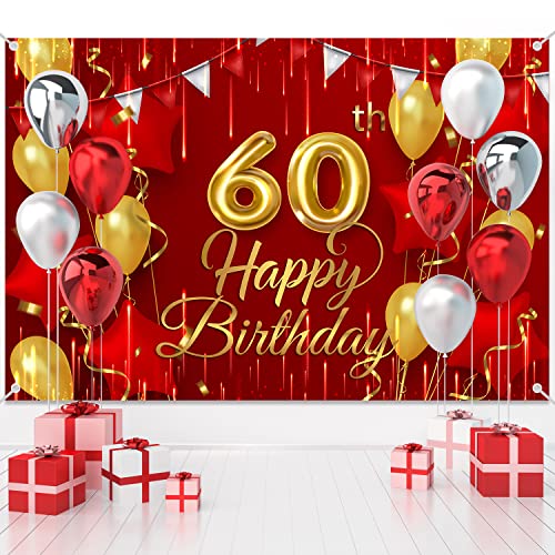 60th Birthday Backdrop Banner Decorations Red and Gold for Women Men Happy 60 Years Old Bday Background Photography Party Decor Sign Supplies