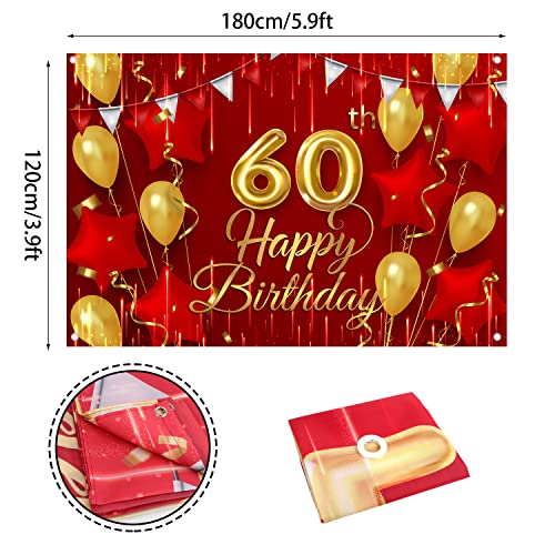 60th Birthday Backdrop Banner Decorations Red and Gold for Women Men Happy 60 Years Old Bday Background Photography Party Decor Sign Supplies