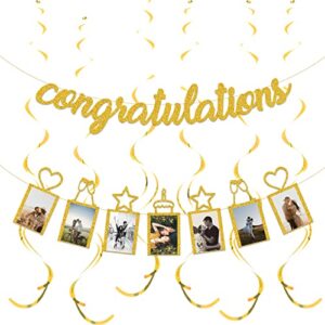 Concico Congratulations Banner and Hanging Swirls for Graduation,Congratulations,Engagement Party Decorations(Gold Glitter)