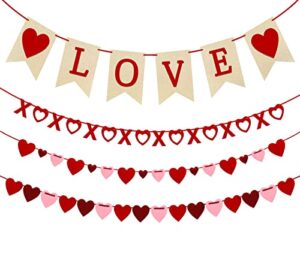 4pcs valentines day decorations valentine’s day decor set felt love heart xo garlands banner for engagement wedding party home classroom office, no diy required