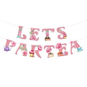 Let's PARTEA Banner for Tea Party Decoration, Partea Time Theme Party Supplies, Floral Patterns Letters Banner for Afternoon Tea for Women Girl (Pink)