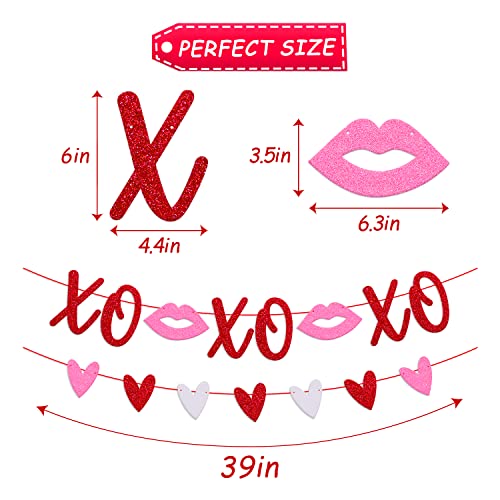 XOXO Banner for Valentine's Day Romantic Anniversary Engagement Wedding Bridal Shower Proposal Kiss Me Love Heart Garland Party Supplies Sparkle Glitter Decorations