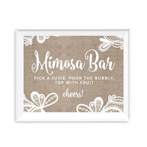 andaz press burlap lace print wedding collection, party signs, build your own mimosa sign pick a juice, pour the bubbly champagne, top with fruit cheers! dessert table sign, 8.5×11-inch, 1-pack