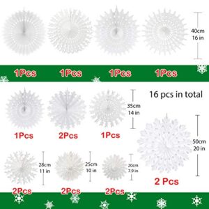 CHRORINE 16 Pcs Christmas Winter White Paper Snowflake Decorations, Christmas Snowflakes Hanging Decoration, Frozen Birthday Party Supplies Winter Wonderland Party Decorations (Mixed 7.8"-20")