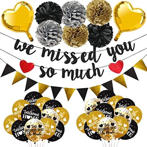 Pimvimcim Home Decorations, 36Pcs We Missed You So Much Banner Balloon Paper Pom Poms Kit, Black Gold Pimvimcim Back Theme Sign Party Supplies, Homecoming Party Decor