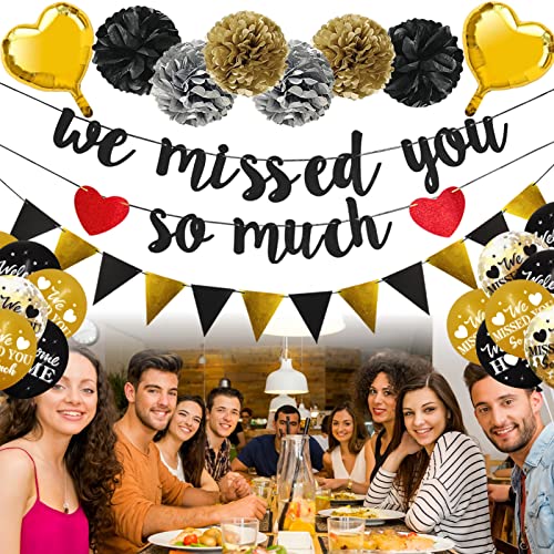 Pimvimcim Home Decorations, 36Pcs We Missed You So Much Banner Balloon Paper Pom Poms Kit, Black Gold Pimvimcim Back Theme Sign Party Supplies, Homecoming Party Decor