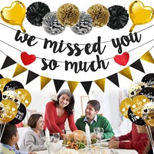 Pimvimcim Home Decorations, 36Pcs We Missed You So Much Banner Balloon Paper Pom Poms Kit, Black Gold Pimvimcim Back Theme Sign Party Supplies, Homecoming Party Decor