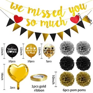 Pimvimcim Home Decorations, 36Pcs We Missed You So Much Banner Balloon Paper Pom Poms Kit, Black Gold Pimvimcim Back Theme Sign Party Supplies, Homecoming Party Decor