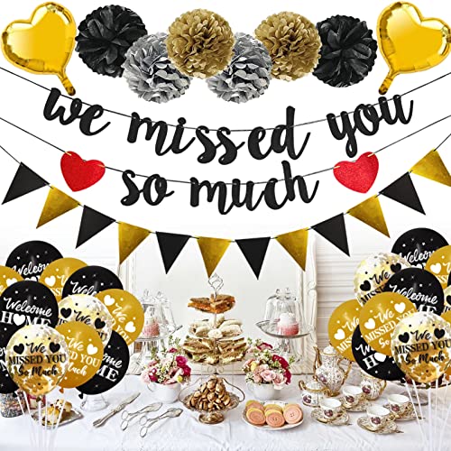 Pimvimcim Home Decorations, 36Pcs We Missed You So Much Banner Balloon Paper Pom Poms Kit, Black Gold Pimvimcim Back Theme Sign Party Supplies, Homecoming Party Decor