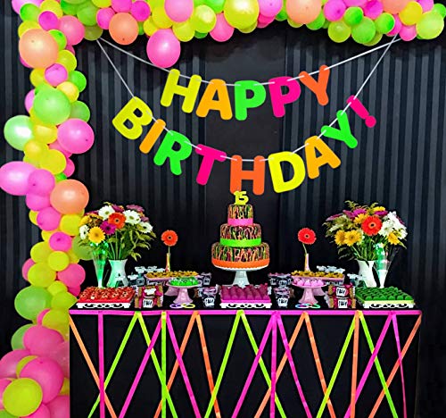 Midnight Glo Neon Happy Birthday Banner Decoration Black Light Reactive UV Glow Birthday Party