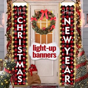 outdoor christmas decorations for home – red buffalo check plaid signs with lights – modern farmhouse decor – merry christmas happy new year rustic xmas banners for porch indoor outside door party