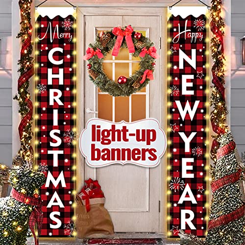 Outdoor Christmas Decorations for Home - Red Buffalo Check Plaid Signs with Lights - Modern Farmhouse Decor - MERRY CHRISTMAS HAPPY NEW YEAR Rustic Xmas Banners for Porch Indoor Outside Door Party