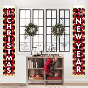 Outdoor Christmas Decorations for Home - Red Buffalo Check Plaid Signs with Lights - Modern Farmhouse Decor - MERRY CHRISTMAS HAPPY NEW YEAR Rustic Xmas Banners for Porch Indoor Outside Door Party