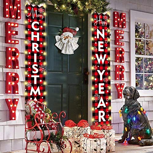 Outdoor Christmas Decorations for Home - Red Buffalo Check Plaid Signs with Lights - Modern Farmhouse Decor - MERRY CHRISTMAS HAPPY NEW YEAR Rustic Xmas Banners for Porch Indoor Outside Door Party