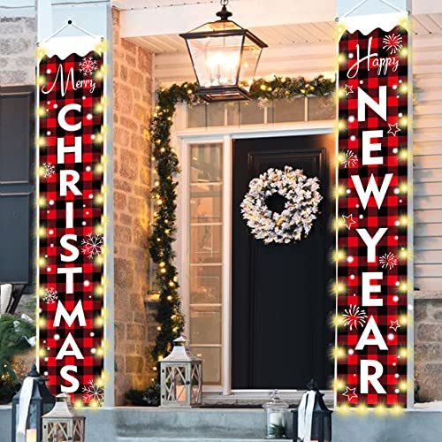 Outdoor Christmas Decorations for Home - Red Buffalo Check Plaid Signs with Lights - Modern Farmhouse Decor - MERRY CHRISTMAS HAPPY NEW YEAR Rustic Xmas Banners for Porch Indoor Outside Door Party
