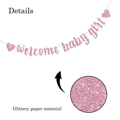 Belrew Welcome Baby Girl Banner, It's a Girl Baby Shower Decor, Gender Reveal Party, Baby Gril 1st Birthday Party Decoration Supplies, Glittery Pink