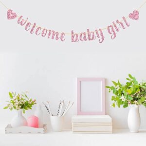 Belrew Welcome Baby Girl Banner, It's a Girl Baby Shower Decor, Gender Reveal Party, Baby Gril 1st Birthday Party Decoration Supplies, Glittery Pink