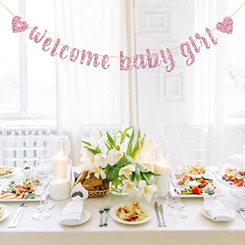 Belrew Welcome Baby Girl Banner, It's a Girl Baby Shower Decor, Gender Reveal Party, Baby Gril 1st Birthday Party Decoration Supplies, Glittery Pink