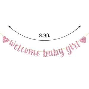 Belrew Welcome Baby Girl Banner, It's a Girl Baby Shower Decor, Gender Reveal Party, Baby Gril 1st Birthday Party Decoration Supplies, Glittery Pink