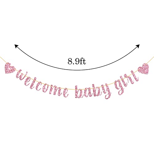 Belrew Welcome Baby Girl Banner, It's a Girl Baby Shower Decor, Gender Reveal Party, Baby Gril 1st Birthday Party Decoration Supplies, Glittery Pink