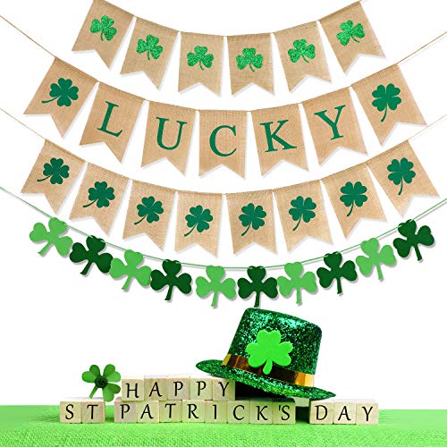 4 Pieces Burlap Lucky Banner Glitter Shamrock Banner Rustic Four Leaf Clover Banner Felt Shamrock Hanging Garland for St. Patrick's Day Decoration