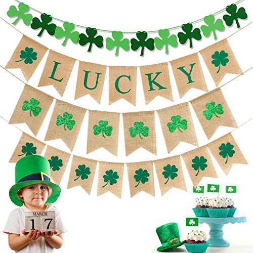 4 Pieces Burlap Lucky Banner Glitter Shamrock Banner Rustic Four Leaf Clover Banner Felt Shamrock Hanging Garland for St. Patrick's Day Decoration