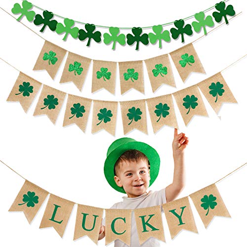 4 Pieces Burlap Lucky Banner Glitter Shamrock Banner Rustic Four Leaf Clover Banner Felt Shamrock Hanging Garland for St. Patrick's Day Decoration