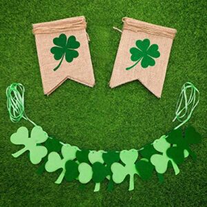 4 Pieces Burlap Lucky Banner Glitter Shamrock Banner Rustic Four Leaf Clover Banner Felt Shamrock Hanging Garland for St. Patrick's Day Decoration