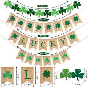 4 Pieces Burlap Lucky Banner Glitter Shamrock Banner Rustic Four Leaf Clover Banner Felt Shamrock Hanging Garland for St. Patrick's Day Decoration