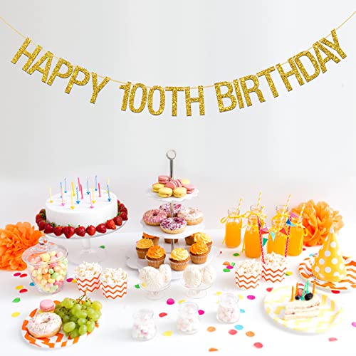 INNORU ™ Happy 100th Birthday Banner - Gold Glitter 100th Sign Letters Hang Bunting - 100th Birthday Party Decorations Supplies