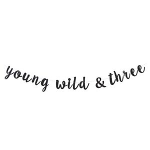 young wild and three banner kid’s third birthday party garland – glitter black – 1 strand