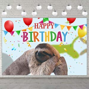 sloth happy birthday banner backdrop realistic lifelike adorable animal folivora jungle theme decorations decor for safari wild one 1st birthday party baby shower favors supplies background photo booth props