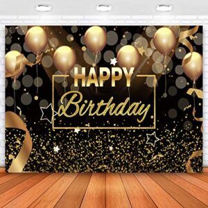 Sensfun Black Gold Happy Birthday Backdrop Sparkle Glitter Golden Balloon Bokeh Circles Dots Photography Background Men Women 30th 40th 50th 60th Birthday Party Decorations Photo Banner Prop 7x5ft