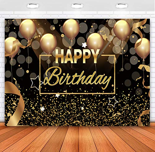 Sensfun Black Gold Happy Birthday Backdrop Sparkle Glitter Golden Balloon Bokeh Circles Dots Photography Background Men Women 30th 40th 50th 60th Birthday Party Decorations Photo Banner Prop 7x5ft