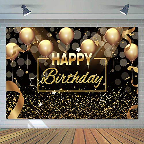 Sensfun Black Gold Happy Birthday Backdrop Sparkle Glitter Golden Balloon Bokeh Circles Dots Photography Background Men Women 30th 40th 50th 60th Birthday Party Decorations Photo Banner Prop 7x5ft