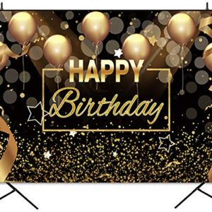 Sensfun Black Gold Happy Birthday Backdrop Sparkle Glitter Golden Balloon Bokeh Circles Dots Photography Background Men Women 30th 40th 50th 60th Birthday Party Decorations Photo Banner Prop 7x5ft