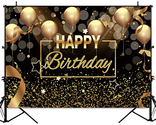 Sensfun Black Gold Happy Birthday Backdrop Sparkle Glitter Golden Balloon Bokeh Circles Dots Photography Background Men Women 30th 40th 50th 60th Birthday Party Decorations Photo Banner Prop 7x5ft