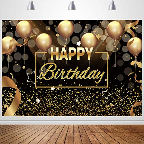 Sensfun Black Gold Happy Birthday Backdrop Sparkle Glitter Golden Balloon Bokeh Circles Dots Photography Background Men Women 30th 40th 50th 60th Birthday Party Decorations Photo Banner Prop 7x5ft