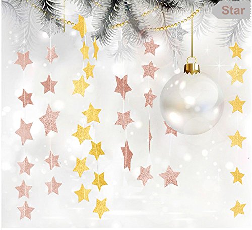 Glitter Pink Champagne Twinkle Star Hanging Garland - Sparkly Paper Five-pointed Bunting Banner String for Birthday Home Decoration, Wedding Photo Booth Props, 2.8", Totally 23 ft/7m