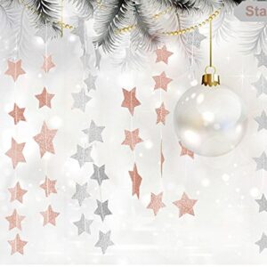 Glitter Pink Champagne Twinkle Star Hanging Garland - Sparkly Paper Five-pointed Bunting Banner String for Birthday Home Decoration, Wedding Photo Booth Props, 2.8", Totally 23 ft/7m