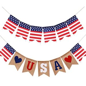Shimmer Anna Shine USA American Flag Patriotic Burlap Banner for 4th of July Decorations Red White and Blue Memorial Day Decor (USA Flags)