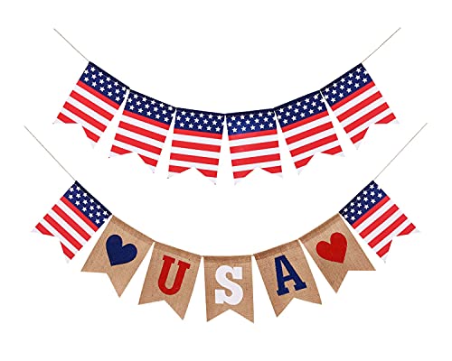 Shimmer Anna Shine USA American Flag Patriotic Burlap Banner for 4th of July Decorations Red White and Blue Memorial Day Decor (USA Flags)