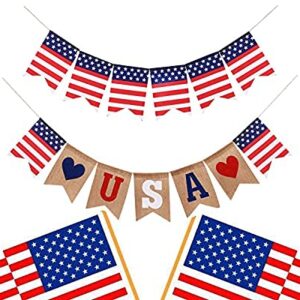 Shimmer Anna Shine USA American Flag Patriotic Burlap Banner for 4th of July Decorations Red White and Blue Memorial Day Decor (USA Flags)